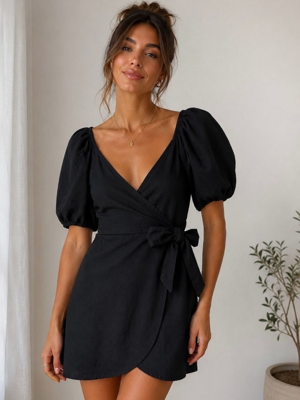 Abercrombie & Fitch Black Puff-Sleeve Wrap Mini Dress
